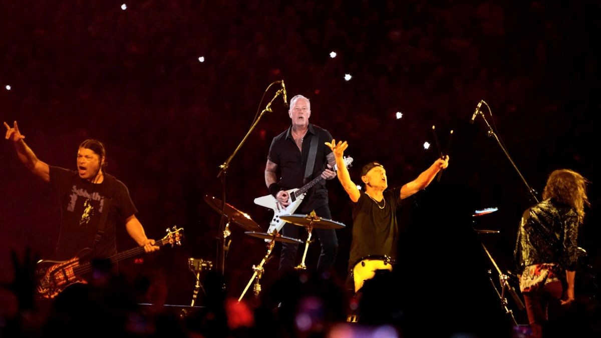 Robert Trujillo, left, James Hetfield, background, Lars Ulrich, center, and Kirk Hammett of Metallica perform during the M72 World Tour at the Olympic Stadium in Athens on Saturday, May 9, 2026.,Image: 1098140091, License: Rights-managed, Restrictions: This content is intended for editorial use only. For other uses, additional clearances may be required., Model Release: no , Pictured: James Hetfield,Kirk Hammett,Lars Ulrich,Robert Trujillo
