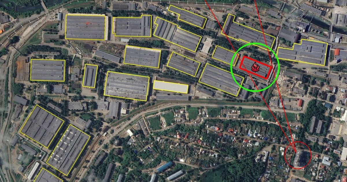 Harta cu orașul văzut de sus, unde a avut loc un atac ucrainean cu drone asupra regiunii ruse Udmurtia, 21 februari 2026