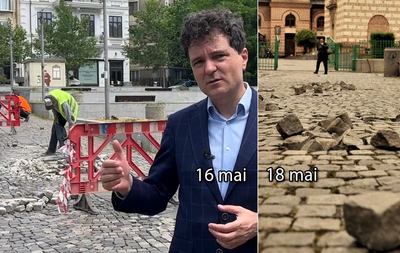A plecat primarul, au plecat și muncitorii. În Centrul Vechi se lucrează la schimbarea pavajului doar când e Nicușor Dan prin zonă