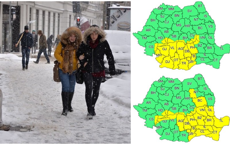 Cod galben de ninsori, ploi și lapoviță în București și alte județe din sudul țării. Până când sunt valabile alertele meteo