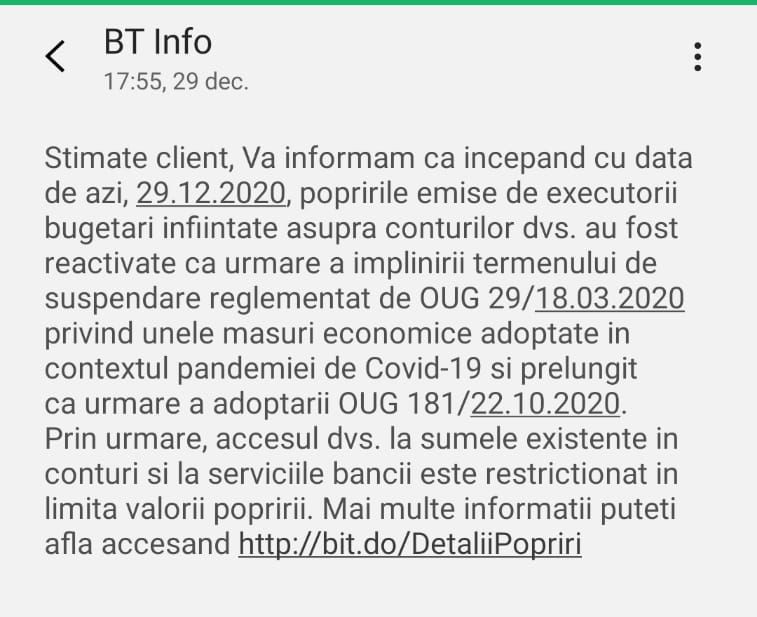 Mesajul primit de un client al unei bănci, în care este anunțat de reactivarea popririlor