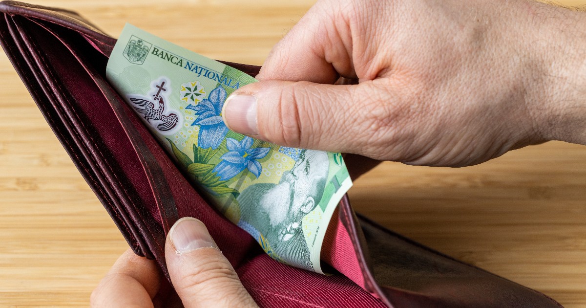 Imaginea surprinde un moment de tranzacție financiară, cu o mână care introduce sau scoate o bancnotă de 1 Leu românesc (de culoare predominant verde) dintr-un portofel din piele de culoare roșu-vișiniu. Detaliile bancnotei de polimer, inclusiv inscripția "BANCA NAȚIONALĂ" și elemente grafice, sunt clar vizibile pe fundalul de lemn.
