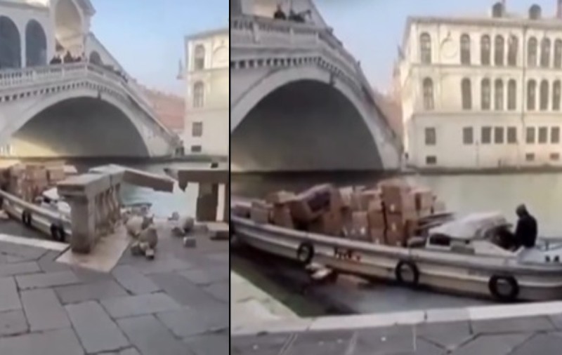 Momentul în care o femeie a furat o barcă și a lovit celebrul pod Rialto din Veneția, distrugând balustrada istorică