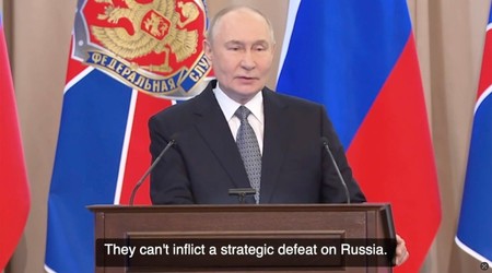 Putin addresses his secret police, admitting West is seeking to inflict a 'strategic defeat' on his regime.,Image: 1078069274, License: Rights-managed, Restrictions: *** HANDOUT image or SOCIAL MEDIA IMAGE or FILMSTILL for EDITORIAL USE ONLY! * Please note: Fees charged by Profimedia are for the Profimedia's services only, and do not, nor are they intended to, convey to the user any ownership of Copyright or License in the material. Profimedia does not claim any ownership including but not limited to Copyright or License in the attached material. By publishing this material you (the user) expressly agree to indemnify and to hold Profimedia and its directors, shareholders and employees harmless from any loss, claims, damages, demands, expenses (including legal fees), or any causes of action or allegation against Profimedia arising out of or connected in any way with publication of the material. Profimedia does not claim any copyright or license in the attached materials. Any downloading fees charged by Profimedia are for Profimedia's services only. * Handling Fee Only ***, Model Release: no