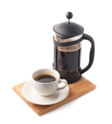 39930359 - french press pot coffee maker and ceramic cup of coffee over the booden serving board, composition isolated over the white background