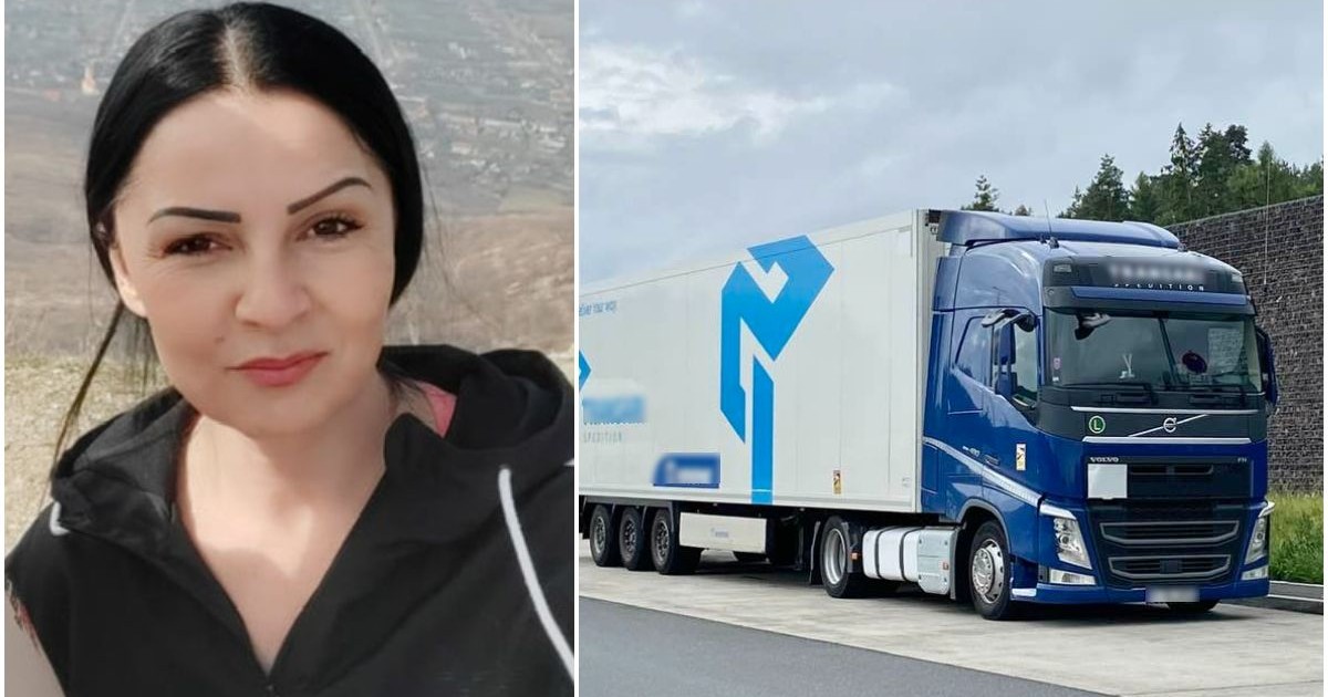 Imaginea prezintă un colaj din două fotografii: în partea stângă este o femeie brunetă care zâmbește, iar în drepata este un camion albastru staționat pe marginea drumului.