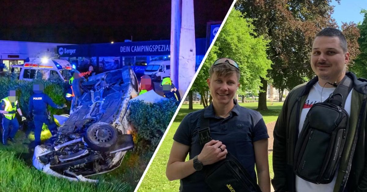 O mașină răsturnată după un accident rutier, pe iarbă, seara, poliția este la fața locului, iar în partea dreapta sunt doi ofițeri care ajută adolescenții cu sfaturi