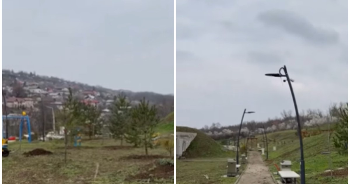 Parcul C.A.Rosetti din Iași, cu alei, copaci plantați, loc de joacă și bănci.