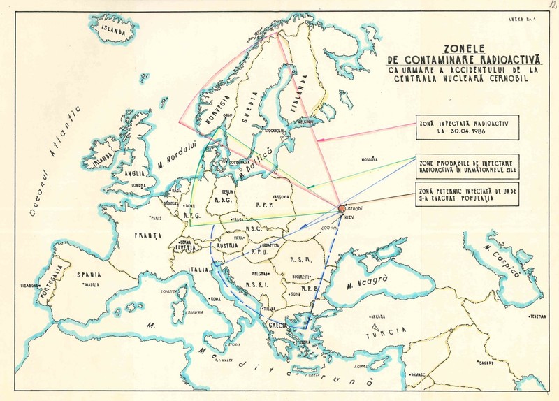 Un document datat 30 aprilie 1986, la patru zile după explozia de la Cernobîl, arată zonele de contaminare radioactivă și potențialul de răspândire