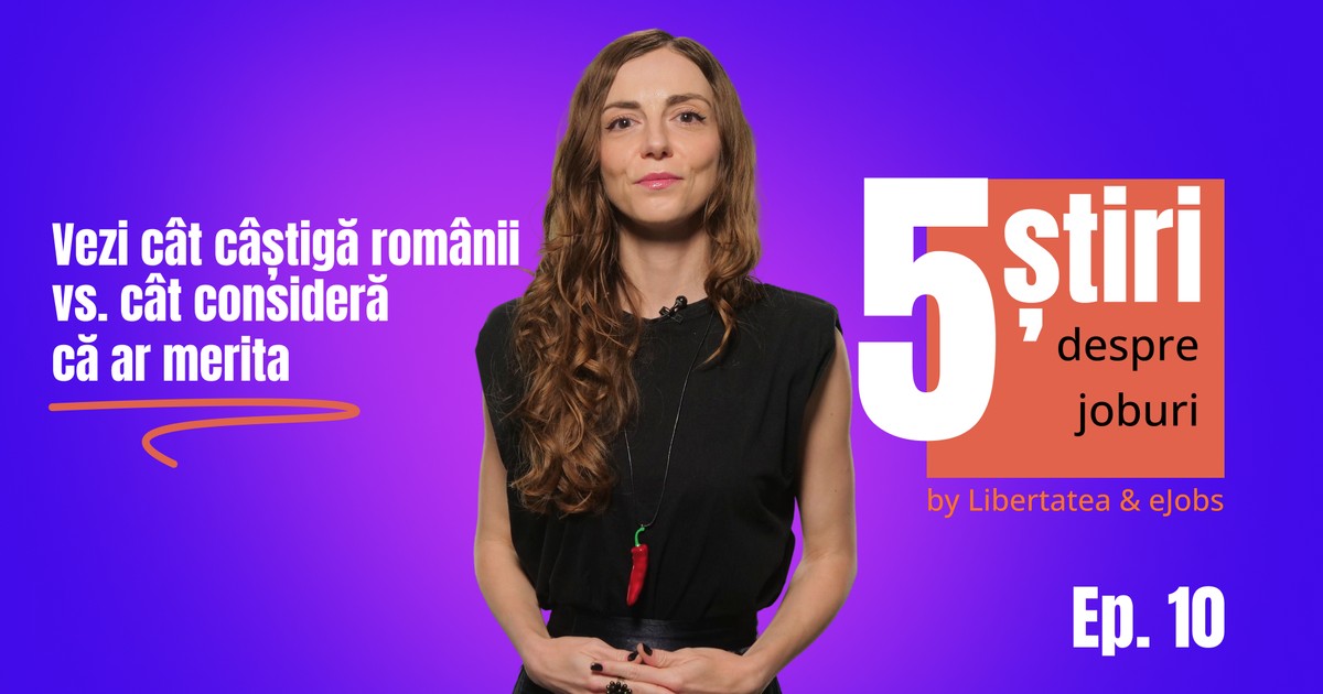 Raluca Dumitra, gazda rubricii 5 știri eJobs, într-o bluză neagră, pe un fundal mov.
