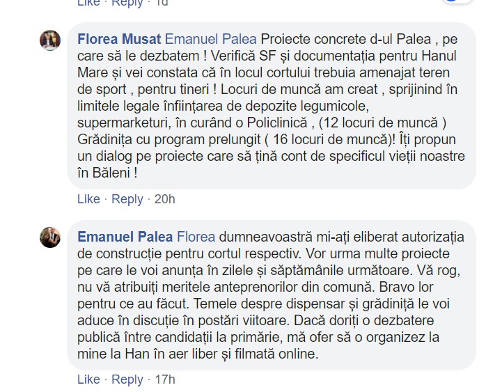 Dialogul dintre actualul primar, Florea Mușat (PNL) și Emanuel Palea, candidat din partea PSD