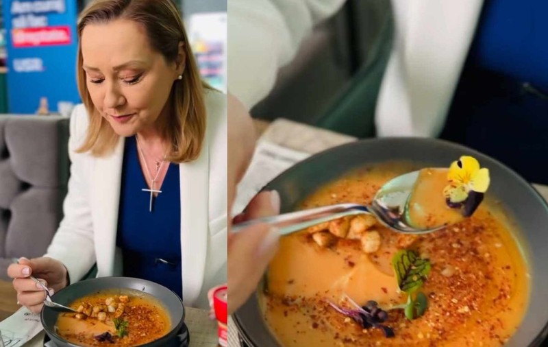 Elena Lasconi s-a filmat în timp ce mânca o supă cu tot cu panseluțele de decor: „Nu prea pot să înghit crinii şi trandafirii”