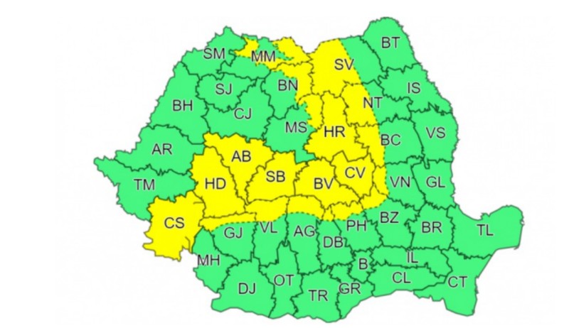Harta zonelor afectate de codul galben de viscol