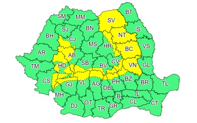 Harta zonelor aflate sub atenționare meteo de cod galben de ninsori temporar viscolite, în intevalul 23 ianuarie, ora 10.00, și 24 ianuarie, ora 10.00 | Foto: meteoromania.ro
