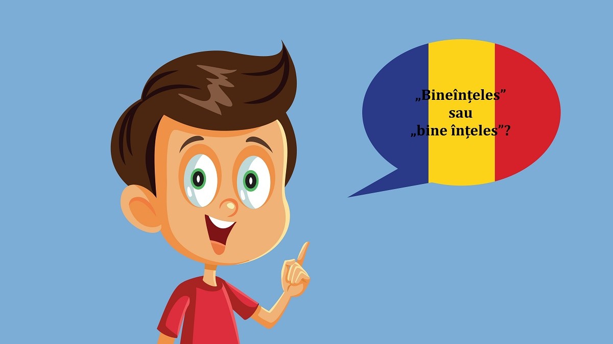 Cum se scrie corect: bineînțeles sau bine înțeles - Imagine cu un copil in tricou roşu, alături de o bulă tricoloră, pe care scrie "bineînţeles sau bine-inteles"