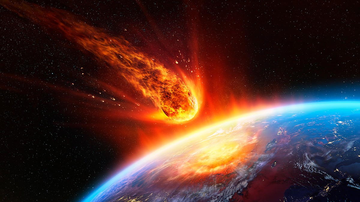 Imagine creativă cu un asteroid în flăcări care se îndreaptă spre Pământ.