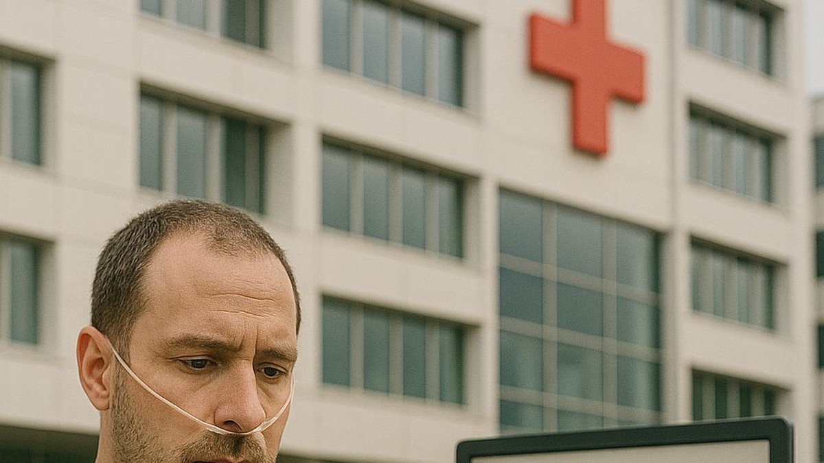 Un pacient sta la masă cu un telefon în mână, în timp ce pe un laptop figurează aplicația din site-ul ministerului sănătății în care românii pot face plângeri online pentru mâncarea din spitale