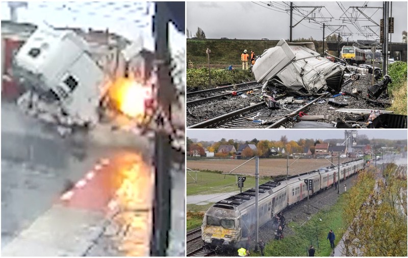 Momentul în care un camion este spulberat de un tren care s-a oprit după 350 de metri, în Belgia: „Arăta ca după bombardament”