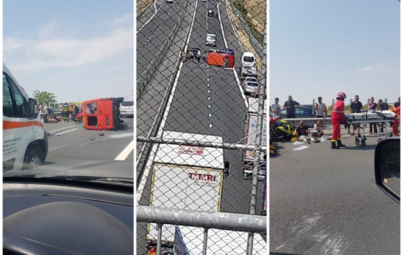 Un microbuz cu cetățeni străini s-a răsturnat pe A1. Toți cei 9 pasageri, duși la spital