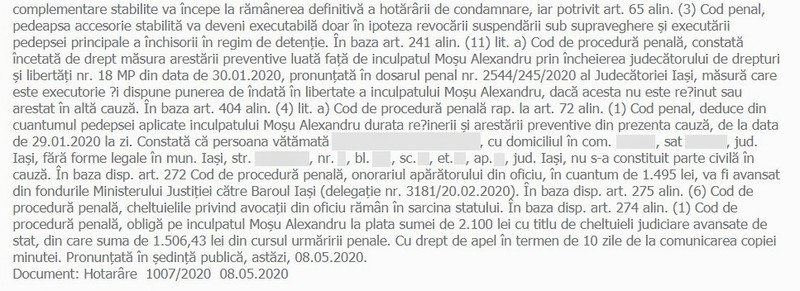 O parte din minuta deciziei Judecătoriei Iași, în care adresa victimei este făcută publică