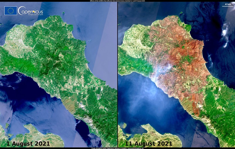 Insula Evia, înainte și după incendii. Imagini incredibile surprinse din satelit
