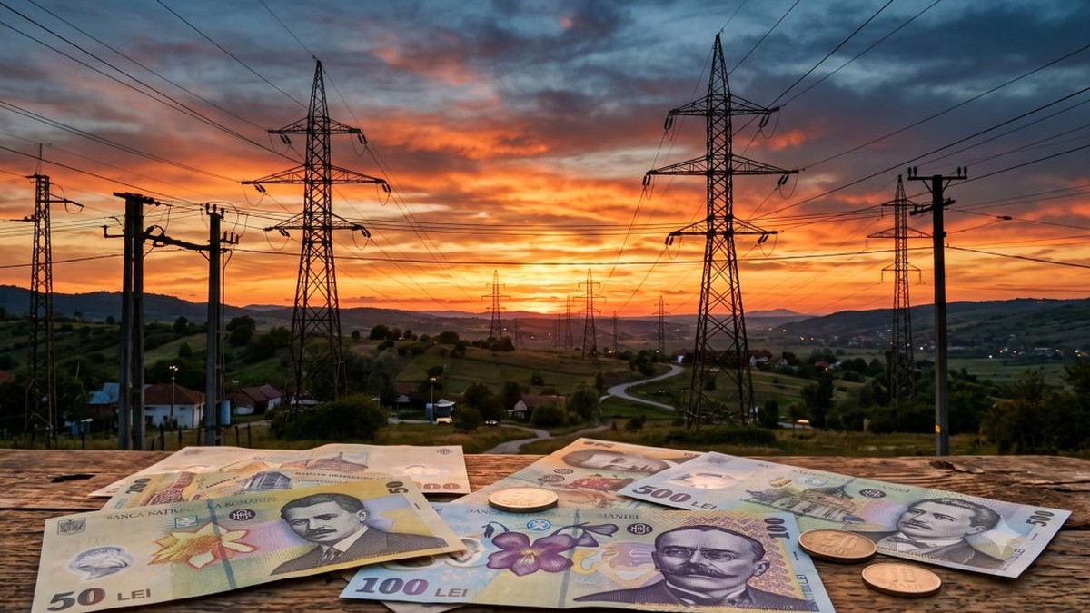 Rețele electrice la apus de soare, iar jos sunt bani românești