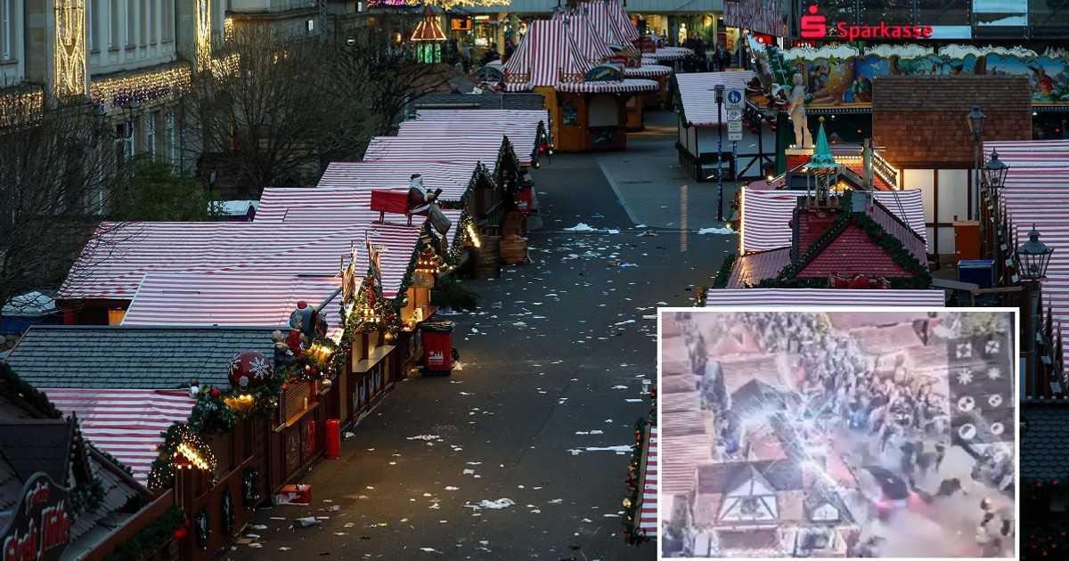Piața închisă din Magdeburg cu o alee pe care s-au aflat sute de vizitatori când o mașină i-a lovit În medalion momentul când BMWul condus de un saudit intră în mulțime Foto Hepta