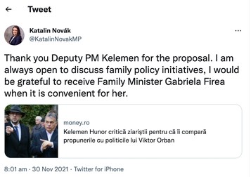 La o zi după interviul acordat de Hunor Kelemen, Katalin&nbsp;Novák anunță că e bucuroasă să o primească pe Gabriela Firea oricând își dorește aceasta.&nbsp;