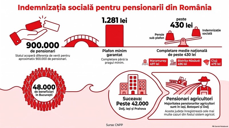 Indemnizația socială pentru pensionari. Infografic realizat cu ajutorul Inteligenței Artificiale