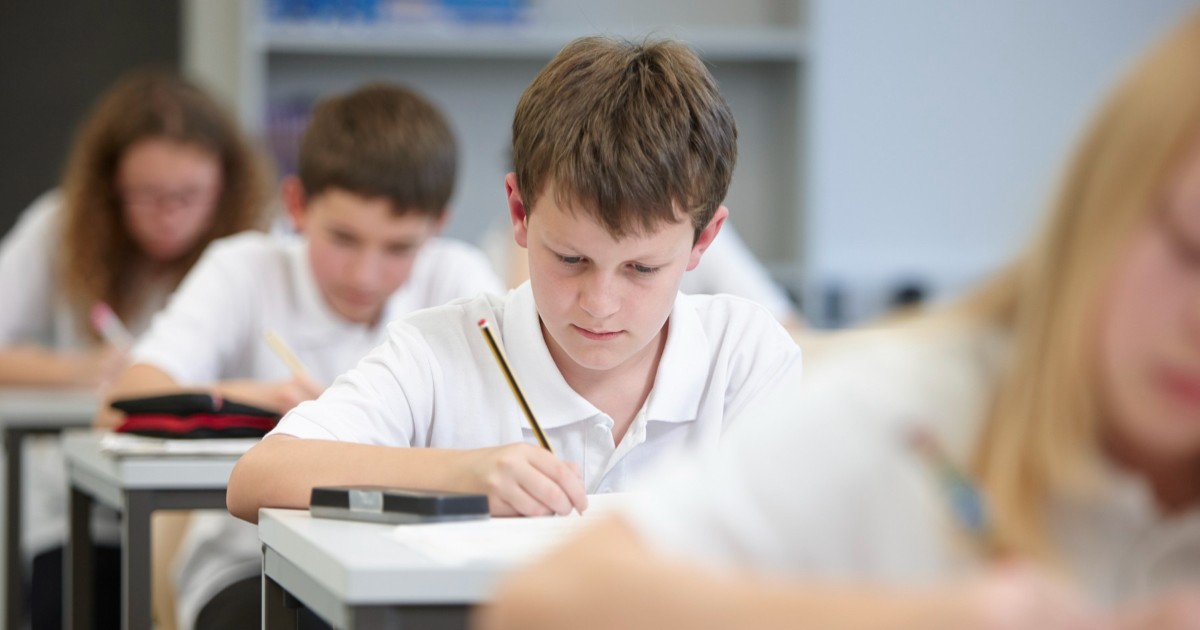 În imagine sunt ilustrați elevi care susțin un examen
