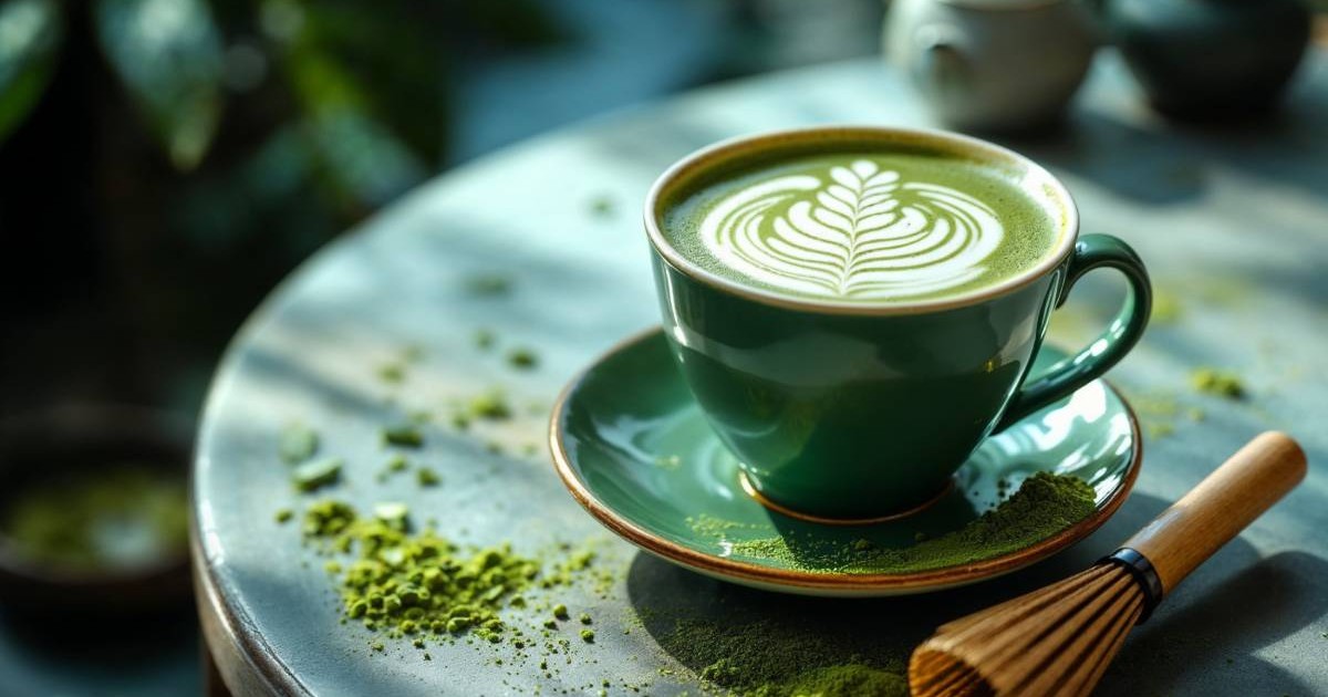 O cană cu matcha latte așezată pe o masă