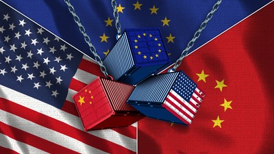 Colaj SUA, Europa, China, relatii comerciale, staguri, ilustrativ shutterstock_1314869093