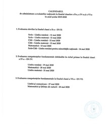 Calendarul de administrare a evaluărilor naționale la finalul claselor a 2-a, a 4-a și a 6-a în anul școlar 2019-2020
