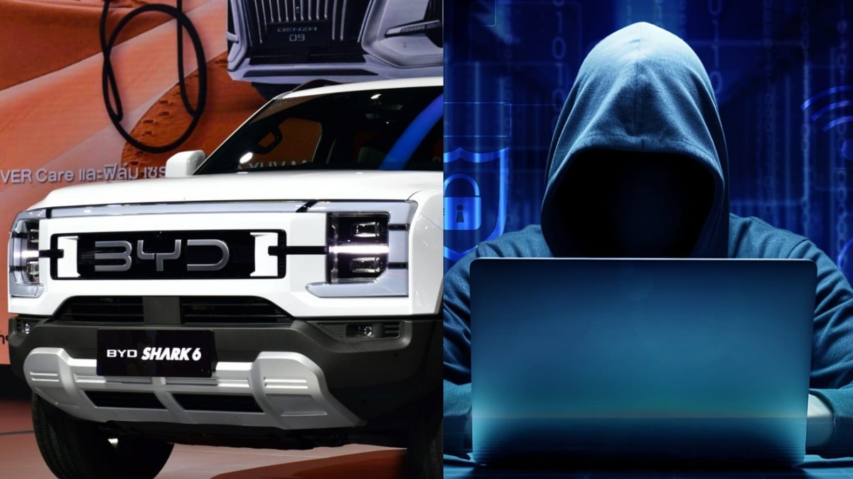 Colaj: Platforma off-road BYD Shark 6 DMO Super Hybrid, primul pick-up al BYD prezentat la cea de-a 46-a ediție a Salonului Internațional Auto de la Bangkok // Un hacker care stă la un laptop