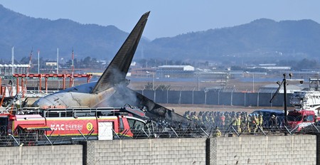 SEOUL, Dec. 29, 2024 -- This photo shows the site of an airplane crash at an airport in Muan, southwest South Korea, on Dec. 29, 2024. All the 181 people aboard a South Korean airplane that crashed on Sunday at the country's southwestern airport were believed to have been killed except two rescued, multiple media outlets said citing the fire authorities.,Image: 950667607, License: Rights-managed, Restrictions: , Model Release: no