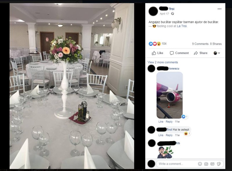Anunț de angajare postat pe pagina de Facebook a restaurantului. Sursă foto: facebook/ La Troi