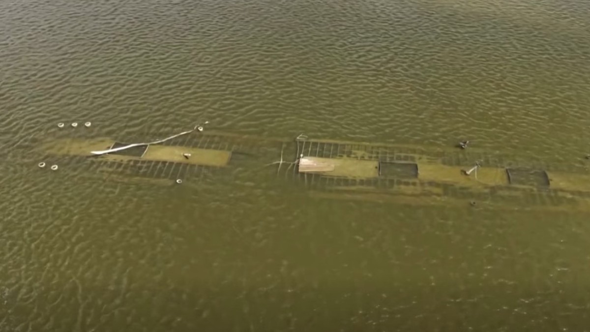 Imaginea prezintă o vedere aeriană asupra epavei unei nave scufundate în apele de mică adâncime ale fluviului Dunărea