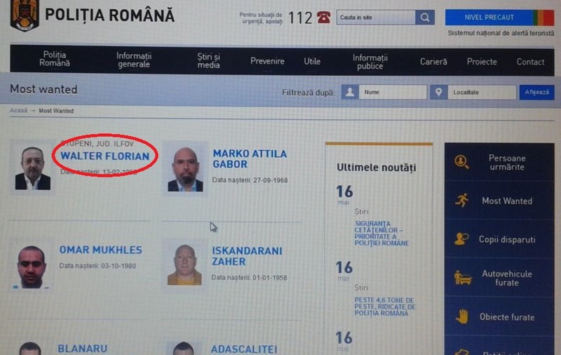 Arestat în lipsă, Florian Walter apare pe lista celor mai căutați infractori români! Are o „companie" selectă alături