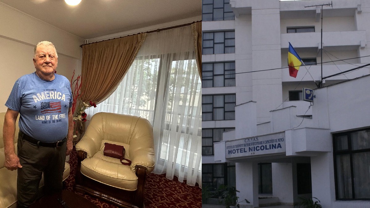 Un bărbat cu tricou albastru într-o camera de hotel cu fotolii bej// Intrarea in hotelul Nicolina
