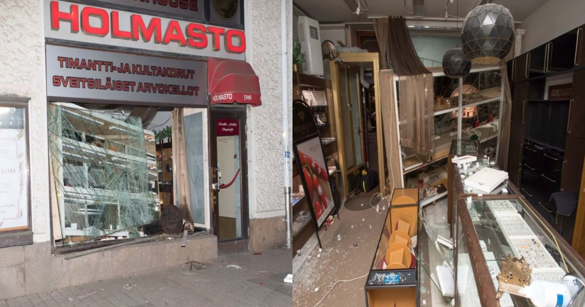 Un colaj format din două fotografii, în prima imagine apare vitrina spartă a unui magazin de bijuterii, iar în a doua imagine este interiorul distrus al magazinului, cu vitrinele magazinului sparte