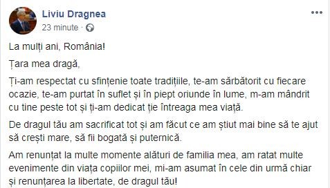 Postarea lui Liviu Dragnea, de Ziua Națională