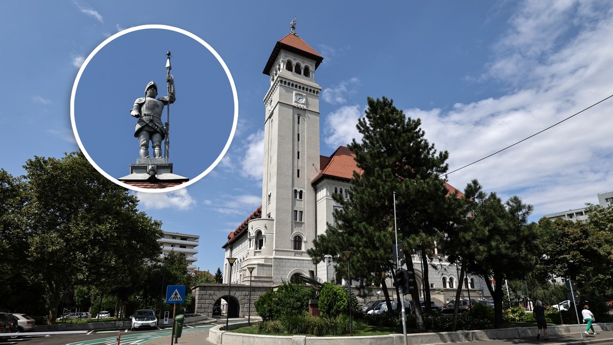 O statuie pe acoperisul unei case si un medalion cu statuia mai mare
