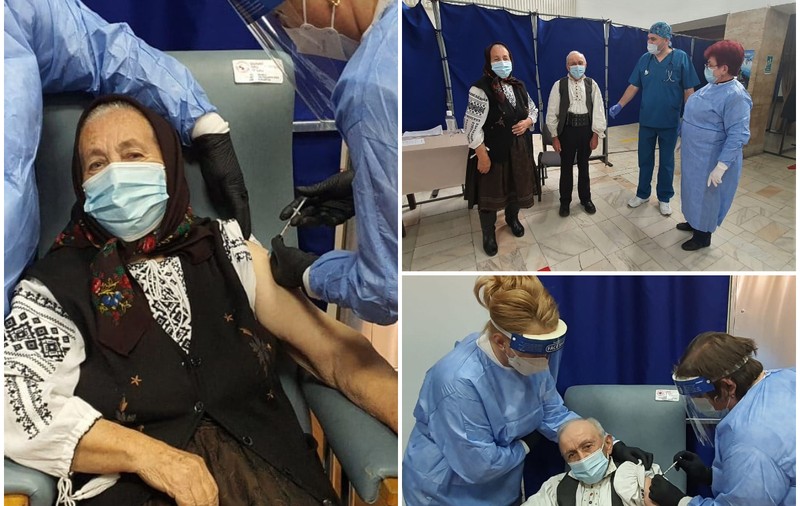Doi bătrâni de peste 80 de ani, în straie populare de sărbătoare la vaccinare, în Sălaj: „Să fim protejaţi de virus”