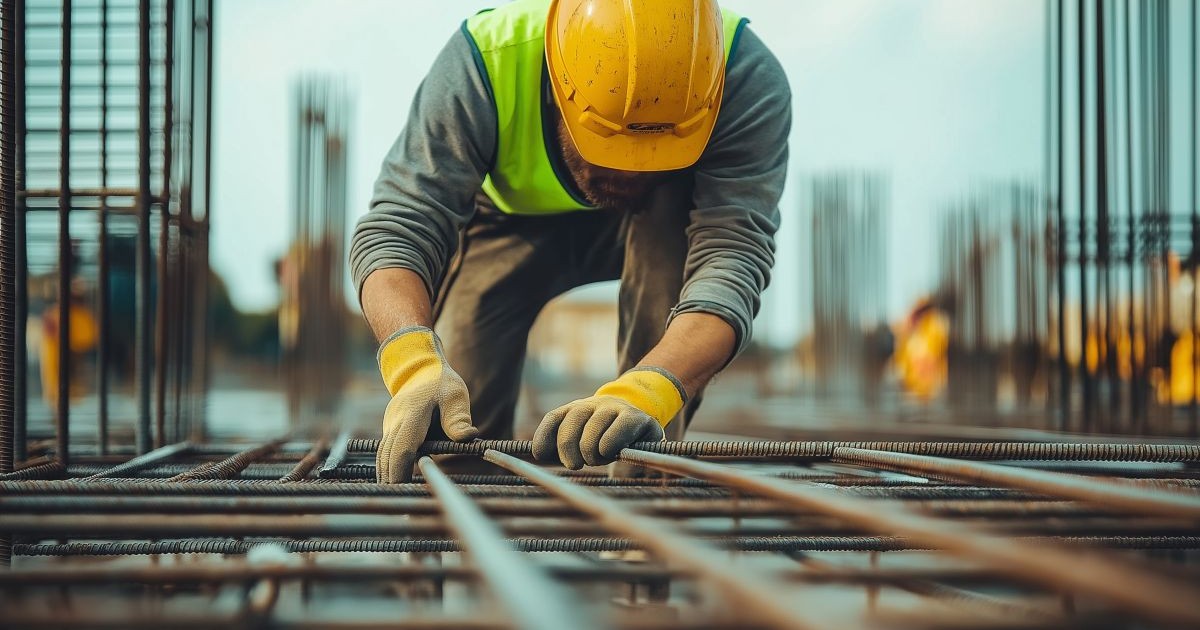 Un muncitor în construcții, cu o caschetă galbenă pe cap și o vestă reflectorizantă, stă în genunchi pe un șantier și aranjează o bară de oțel