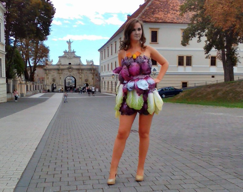 EXCLUSIV REPORTAJ/ Fashion Food la Alba Iulia: Un bucătar excentric face haine și accesorii din alimente. Spectatorii pot mânca direct de pe modele!/ VIDEO