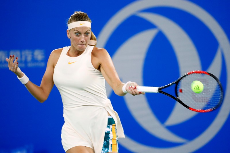 epa07044612 Petra Kvitova of the Czech Republic in action against Aleksandra Krunic of Serbia during their second round match at the 2018 WTA Wuhan Open tennis tournament in Wuhan, China, 25 September 2018. EPA-EFE/WU HONG