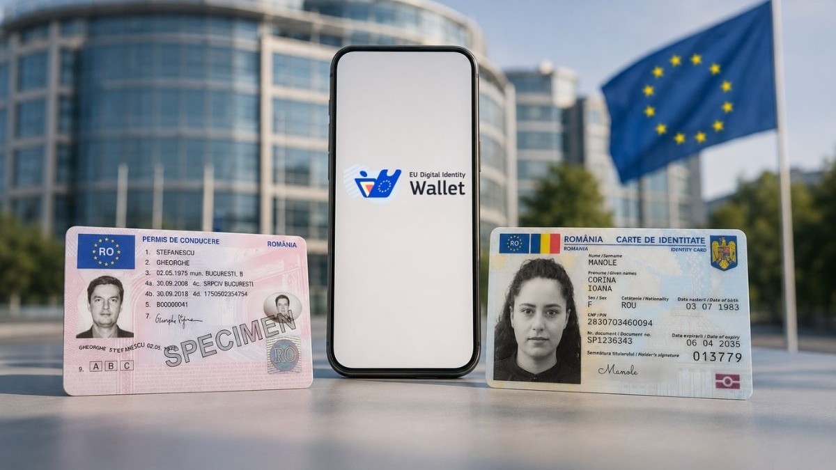 În centrul cadrului se află un telefon mobil inteligent, pe ecranul căruia este afișat un logo alături de textul „EU Digital Identity Wallet”. La stânga telefonului este așezat un permis de conducere românesc, purtând fotografia unui bărbat, datele de identificare ale acestuia și marcat proeminent, pe diagonală, cu textul „SPECIMEN”. La dreapta telefonului se sprijină o carte de identitate din România, care conține fotografia și datele personale ale unei femei. În fundal, imediat în spatele acestor obiecte, se înalță o clădire modernă cu o fațadă curbată alcătuită din șiruri de ferestre, iar în jumătatea dreaptă a imaginii, lângă clădire, flutură steagul Uniunii Europene cu al său cerc de stele, ancorat pe un catarg înalt.