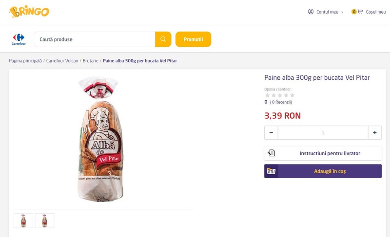 Pâine albă feliată Vel Pitar de 300 de grame vândută de Carrefour