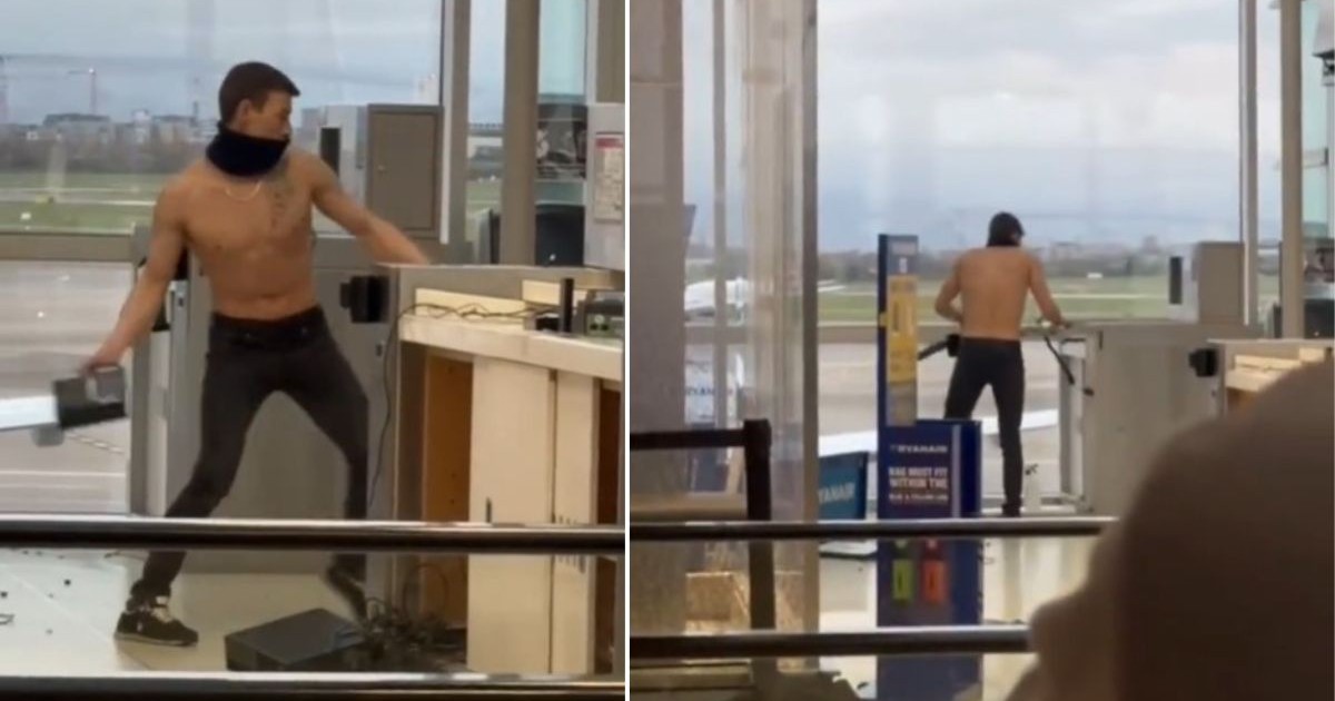 bărbat la bustul gol care sparge obiecte în aeroportul din Dublin