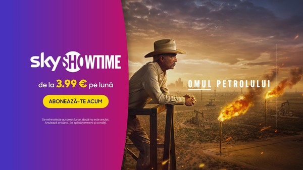 Vizual skyshowtime omul petrolului. Pe stanga este logoul skyshowtime pe fundal magenta cu mov, iar pe drepata este o imagine cu personajul principal.